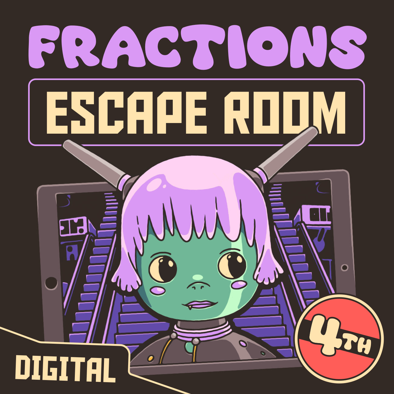 Digital 4th grade fractions escape room with the theme "Puzzle Punks: Escape The Midnight Mall."