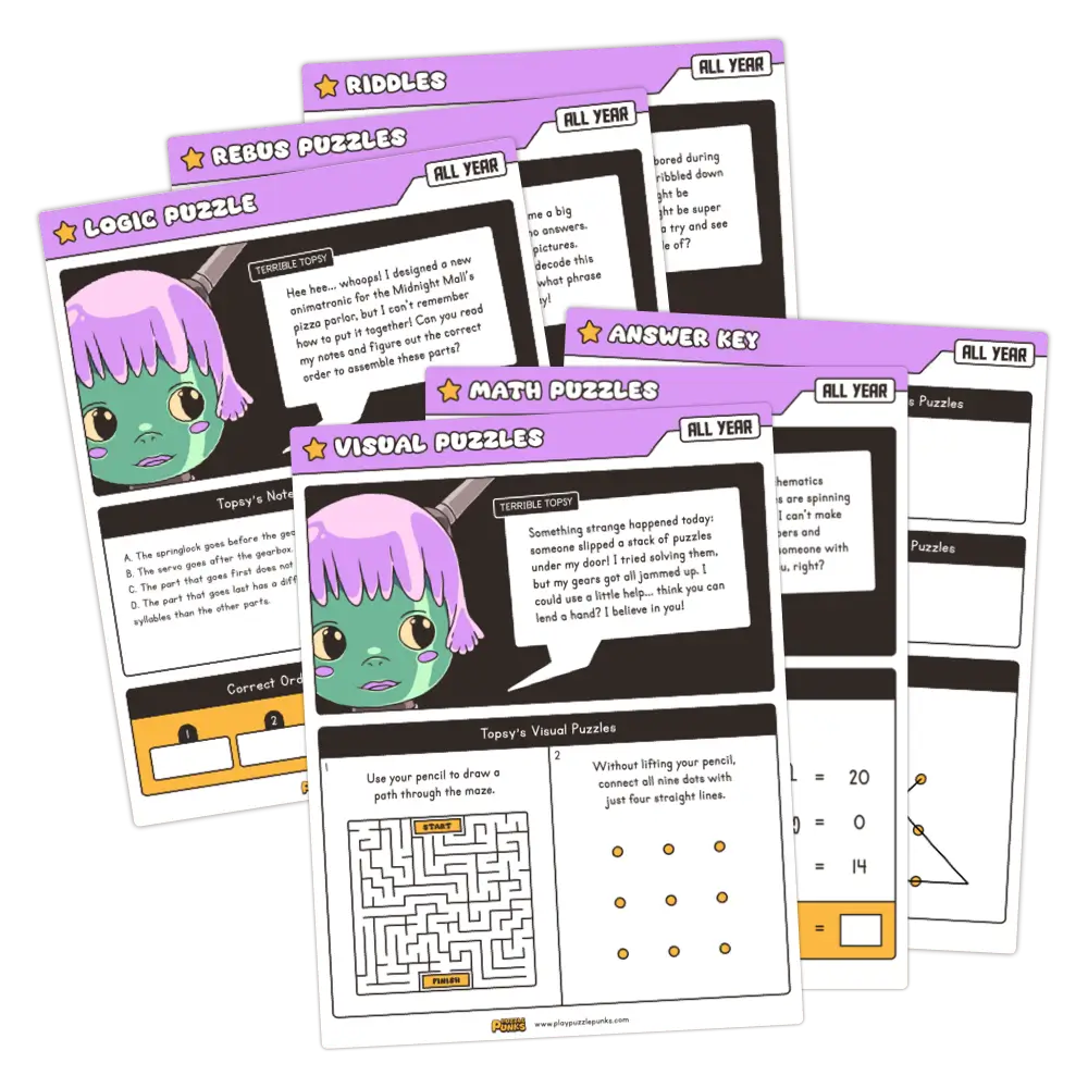 Free printable brain teaser activities in the form of logic puzzles, rebus puzzles, math puzzles, and riddles.