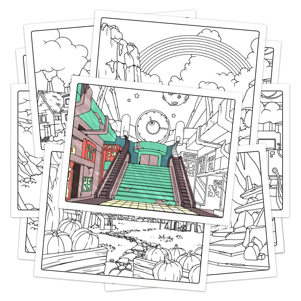 Detailed coloring book pages with scenes from Puzzle Punks escape rooms, themed for all seasons and holidays.