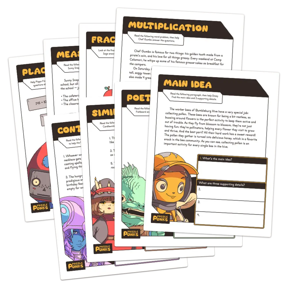 Printable math and reading extension activities, with full-color illustrations from the Puzzle Punks universe.