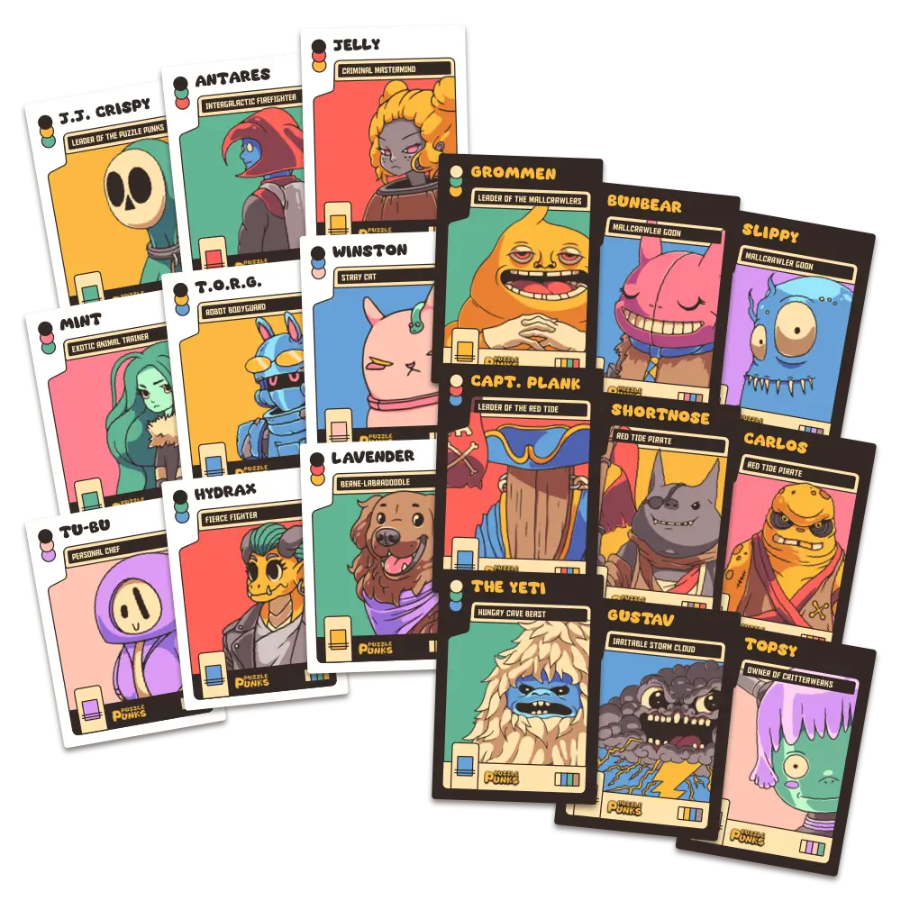 Collection of printable trading cards with popular Puzzle Punks characters.