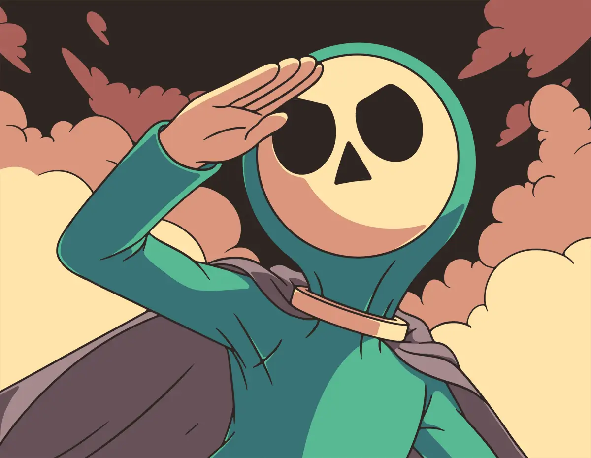 An inspirational snapshot of Puzzle Punks mascot J.J. Crispy saluting all teachers, in front of layered clouds in the night sky.