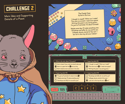 Online main idea and key details of a poem activity, with multiple-choice answers.