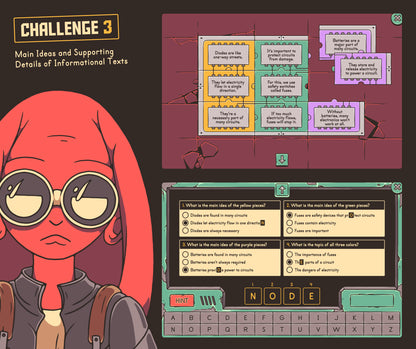 Digital central idea and key details of informational text activity, with a puzzle and multiple-choice answers.