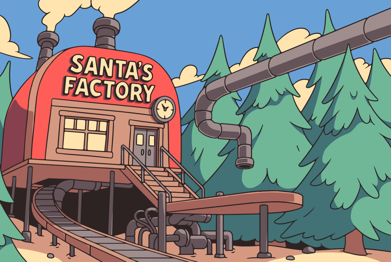 Santa's workshop factory, the setting of Puzzle Punks' virtual Christmas reading escape rooms.