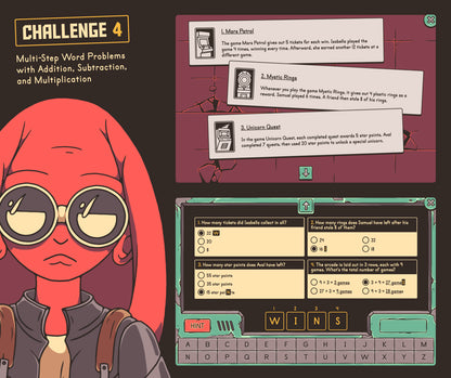 Digital multi-step word problems with addition, subtraction, and multiplication activity with a multiple-choice section.