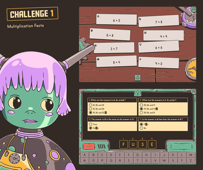 Digital multiplication facts game with a multiple-choice section.