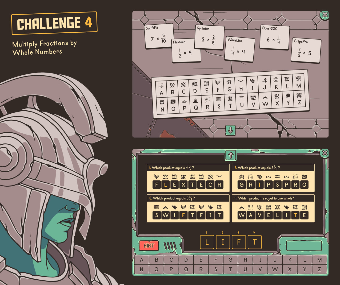 Digital multiplying fractions by whole numbers game with a cryptogram answer section.