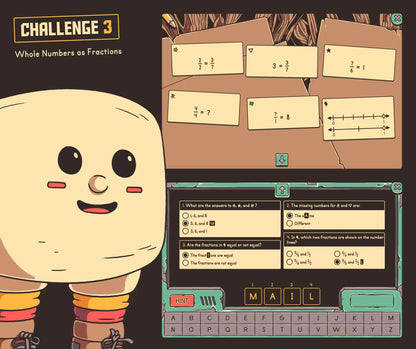 Digital whole numbers as fractions activity with an autumn theme and multiple-choice question section.