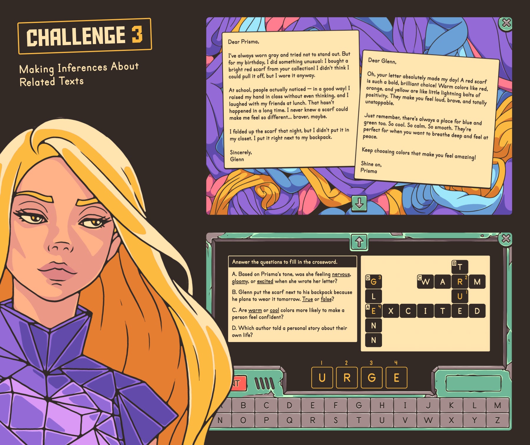 Online reading game based on reviewing making inferences about related texts for 4th and 5th grade.