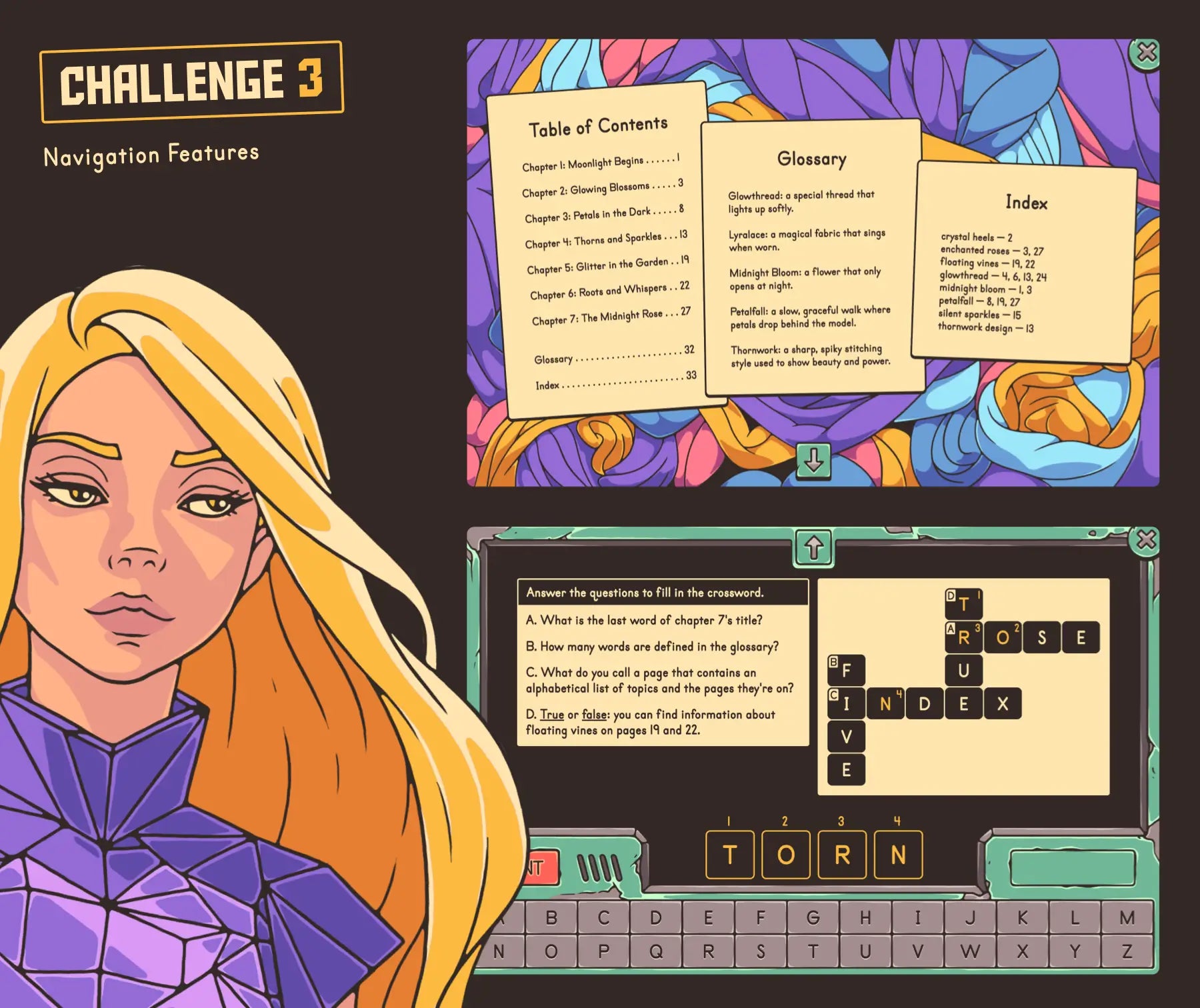 Online reading game based on reviewing text features (table of contents, glossary, and index) for 4th and 5th grade.