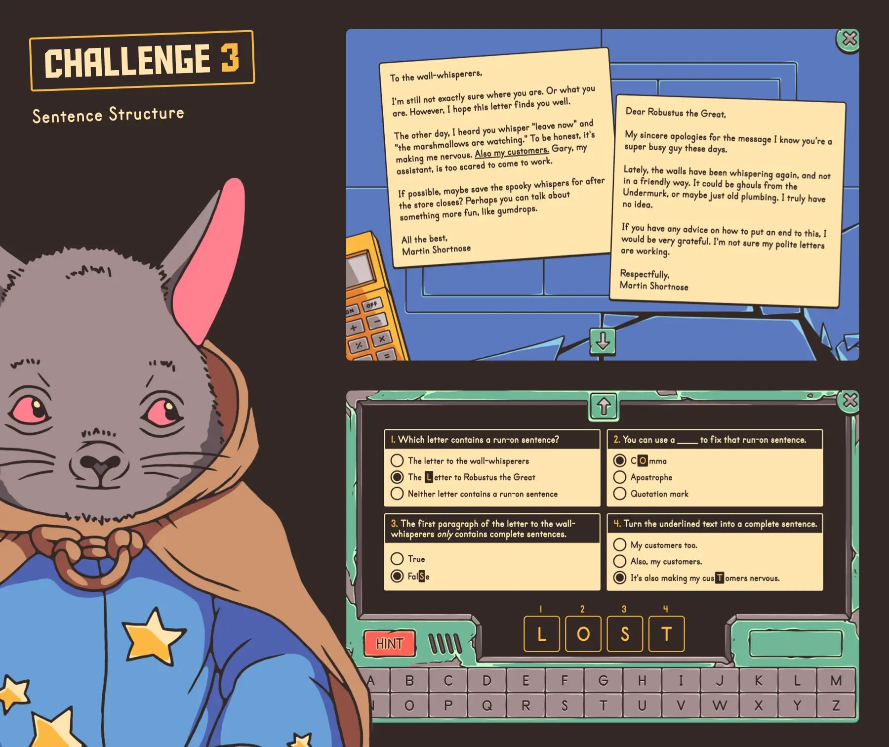 Online reading game based on reviewing grammar and sentence structure for 4th and 5th grade.
