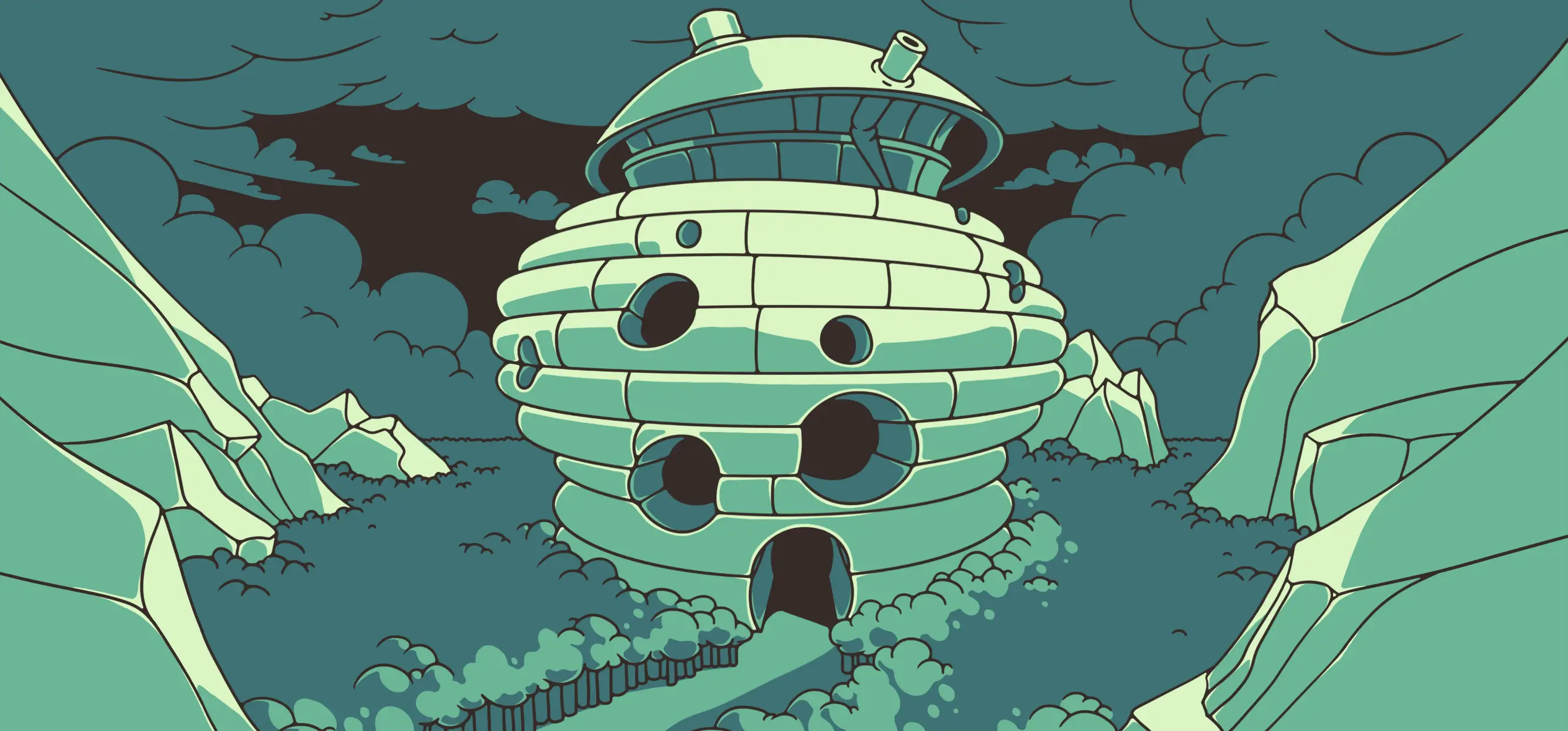 A massive beehive inside a verdant valley; the establishing shot for a set of educational spring escape rooms called "Beehive Blitz."