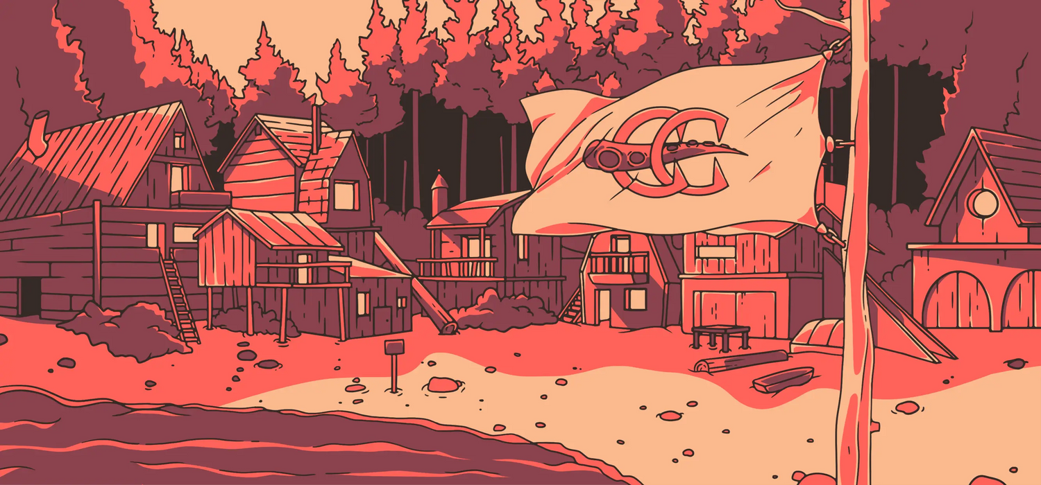 A summer camp on a beach at the edge of a forest; the establishing shot for a set of educational summer escape rooms called "Camp Calamari."