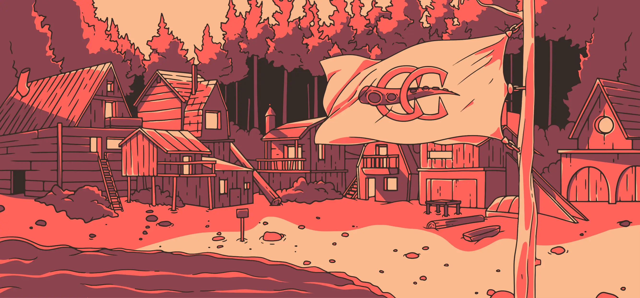 A summer camp on a beach at the edge of a forest; the establishing shot for a set of educational summer escape rooms called "Camp Calamari."