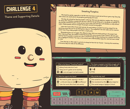 Digital autumn reading game focused on identifying the theme and supporting details of a short story.
