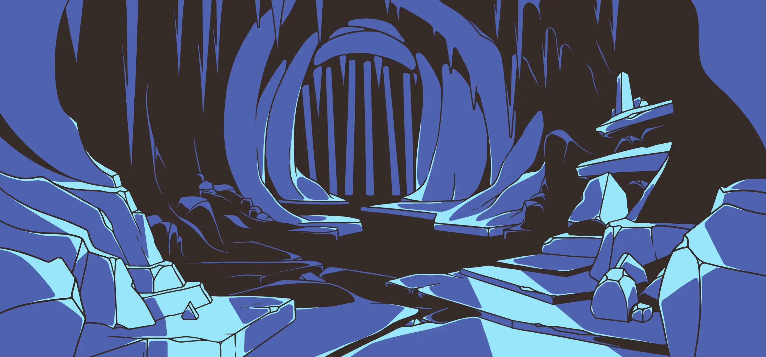 An ice cave with layered stalactites in front of a prison with iron bars; the establishing shot for a set of educational winter escape rooms called "The Yeti and the Yams."