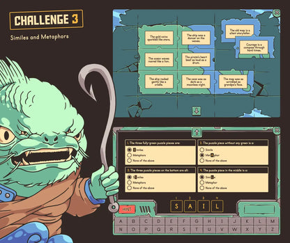 Digital similes and metaphors game with a winter theme and multiple-choice answer section.