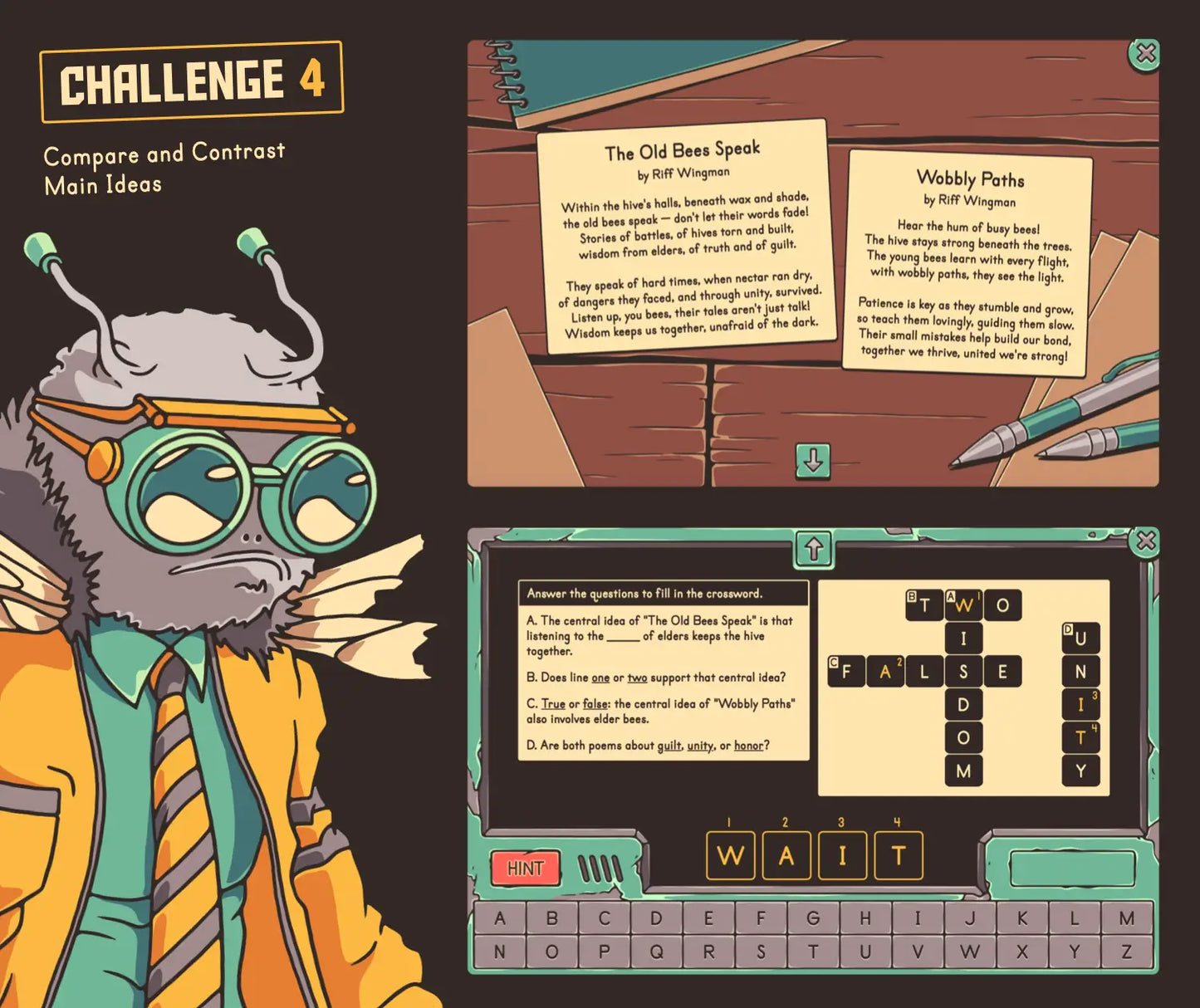 Digital activity for comparing and contrasting main ideas, with multiple reading comprehension passages and a crossword puzzle.