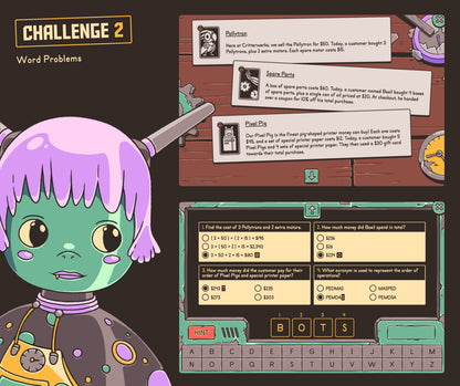 Digital order of operations word problems game with a multiple-choice section.