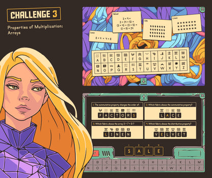 Digital properties of multiplication and arrays game with a cryptogram answer section.