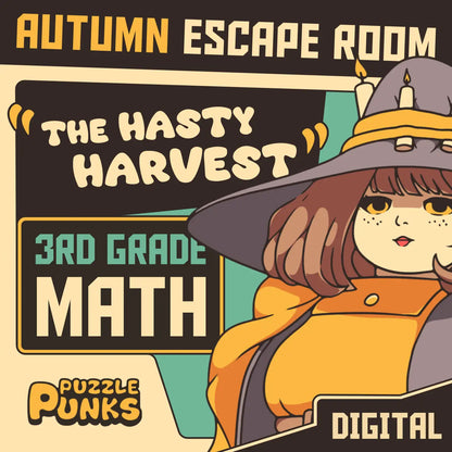 Cover image for a digital fall escape room for 3rd grade math, titled "Puzzle Punks: The Hasty Harvest."