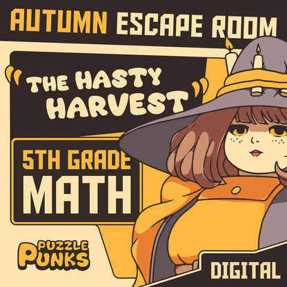 Cover image for a digital fall escape room for 5th grade math, titled "Puzzle Punks: The Hasty Harvest."
