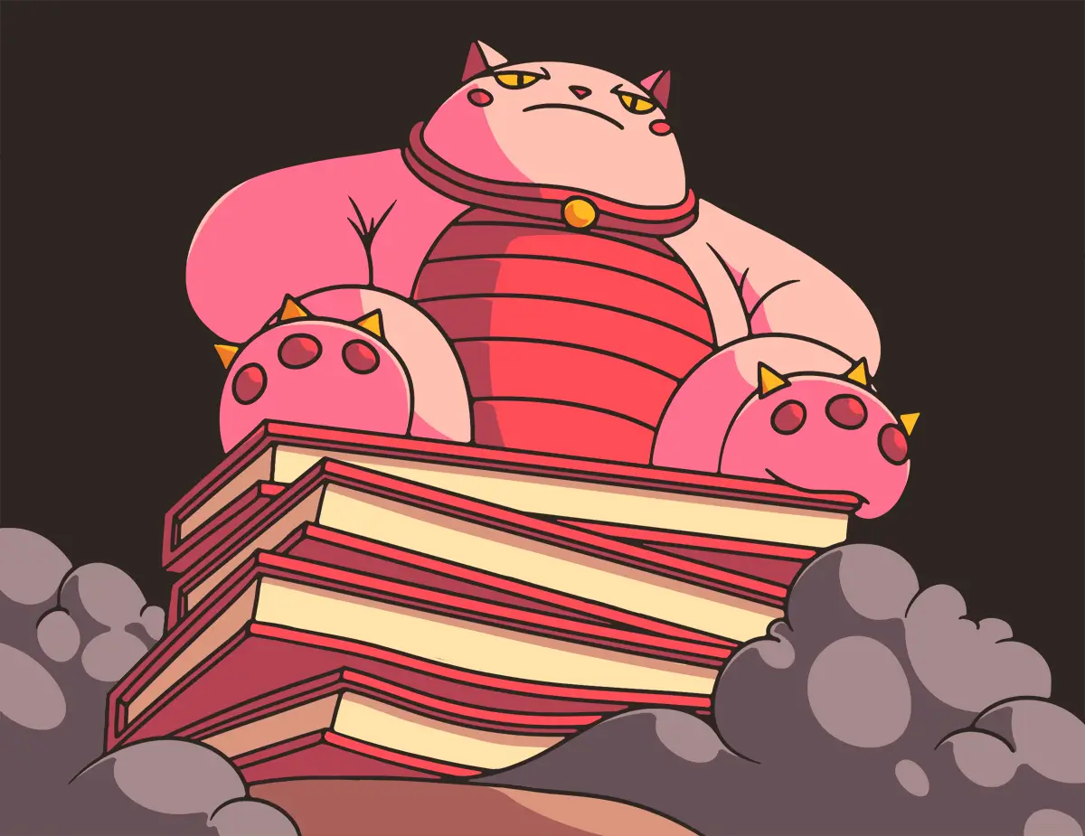 A large catlike character crushing a stack of textbooks, indicating the concept of conquering math and reading standards.