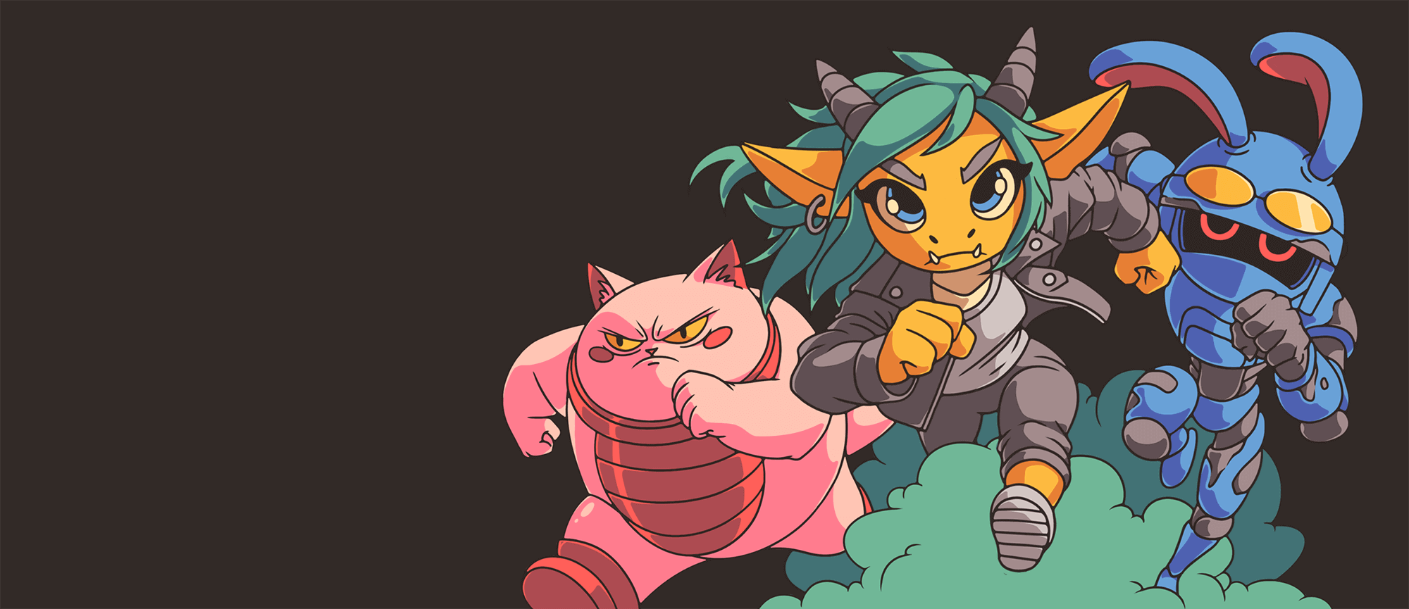 A group of quirky characters (cat, dragon, and robot), working together as a team.