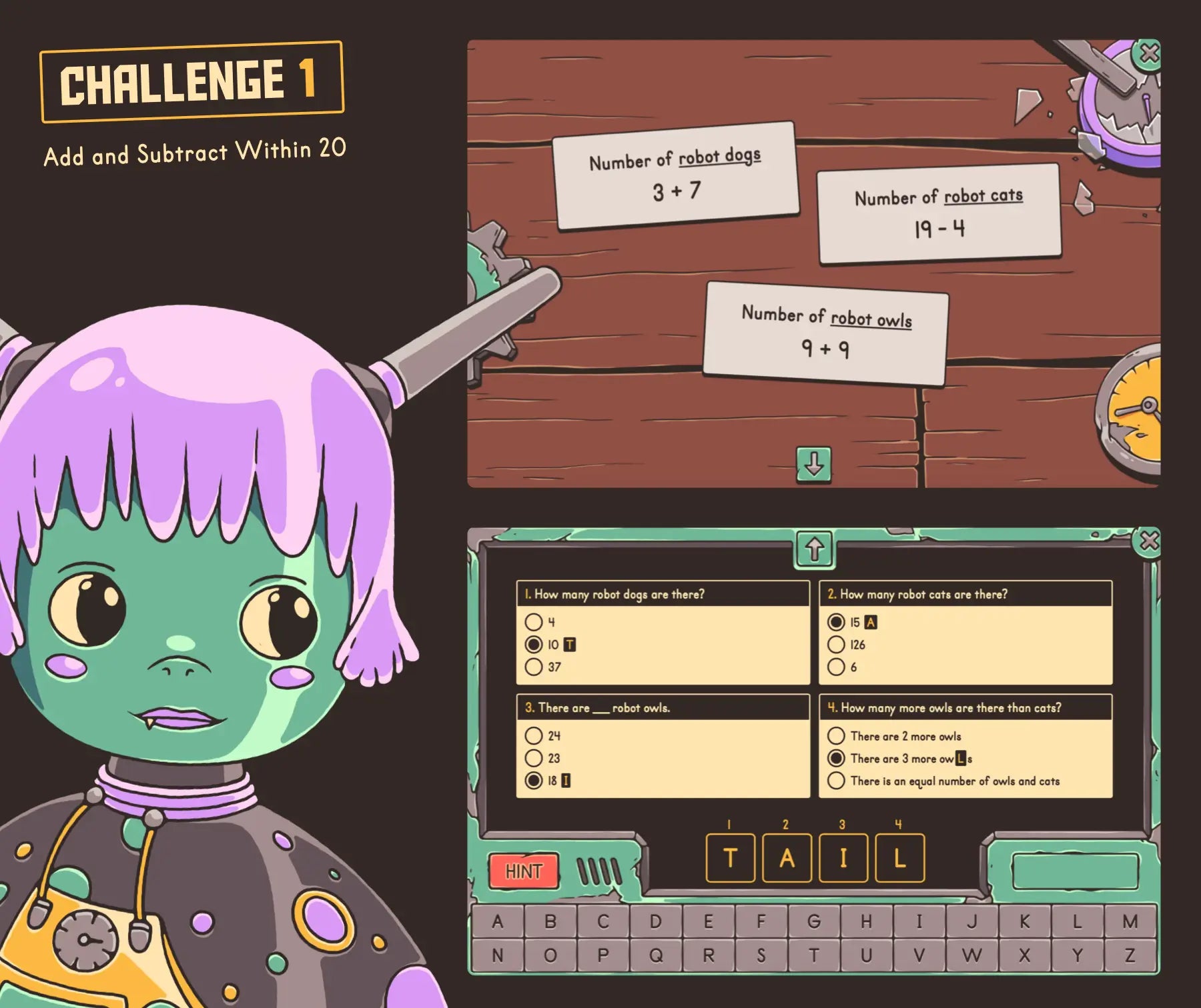 Free online adding and subtracting within 20 activity for 2nd grade, with simple math facts and a multiple-choice quiz.
