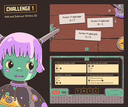 Free online adding and subtracting within 20 activity for 2nd grade, with simple math facts and a multiple-choice quiz.