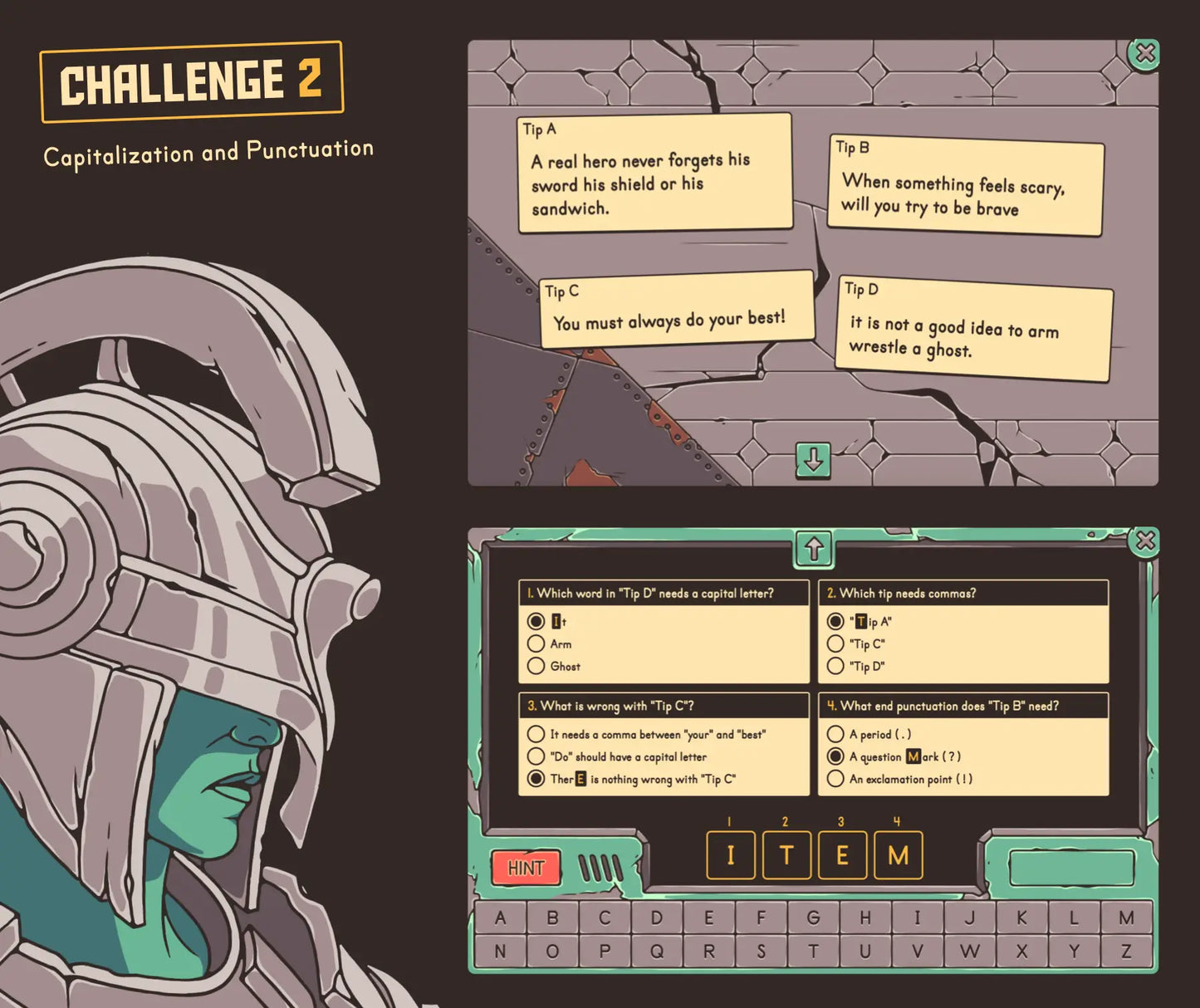 Virtual capitalization and punctuation game for 2nd and 3rd grade, with a multiple-choice quiz.