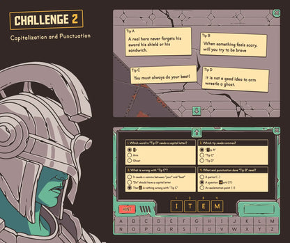 Virtual capitalization and punctuation game for 2nd and 3rd grade, with a multiple-choice quiz.