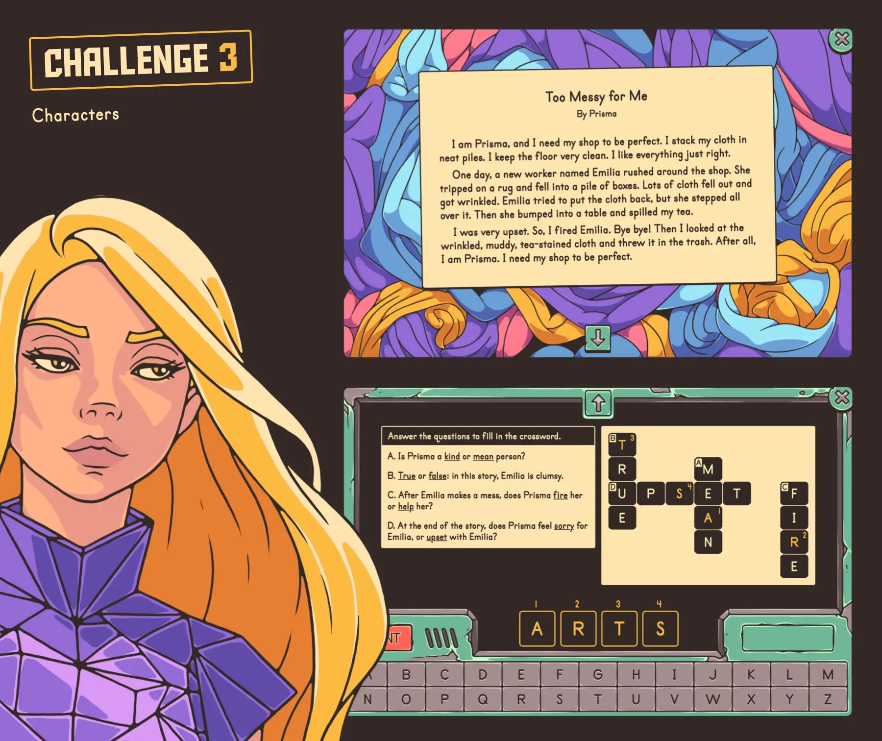 Characters in a story escape room challenge, with crossword puzzle section.
