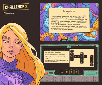 Characters in a story escape room challenge, with crossword puzzle section.