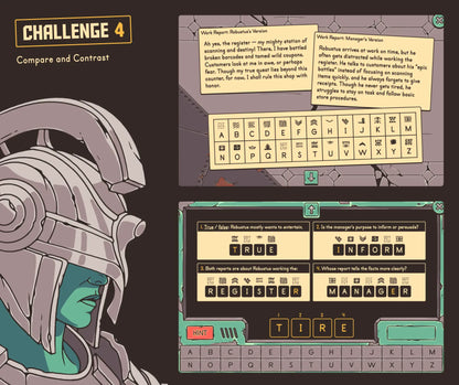 Online author's purpose test prep game covering comparing and contrasting passages, with a secret code puzzle section.