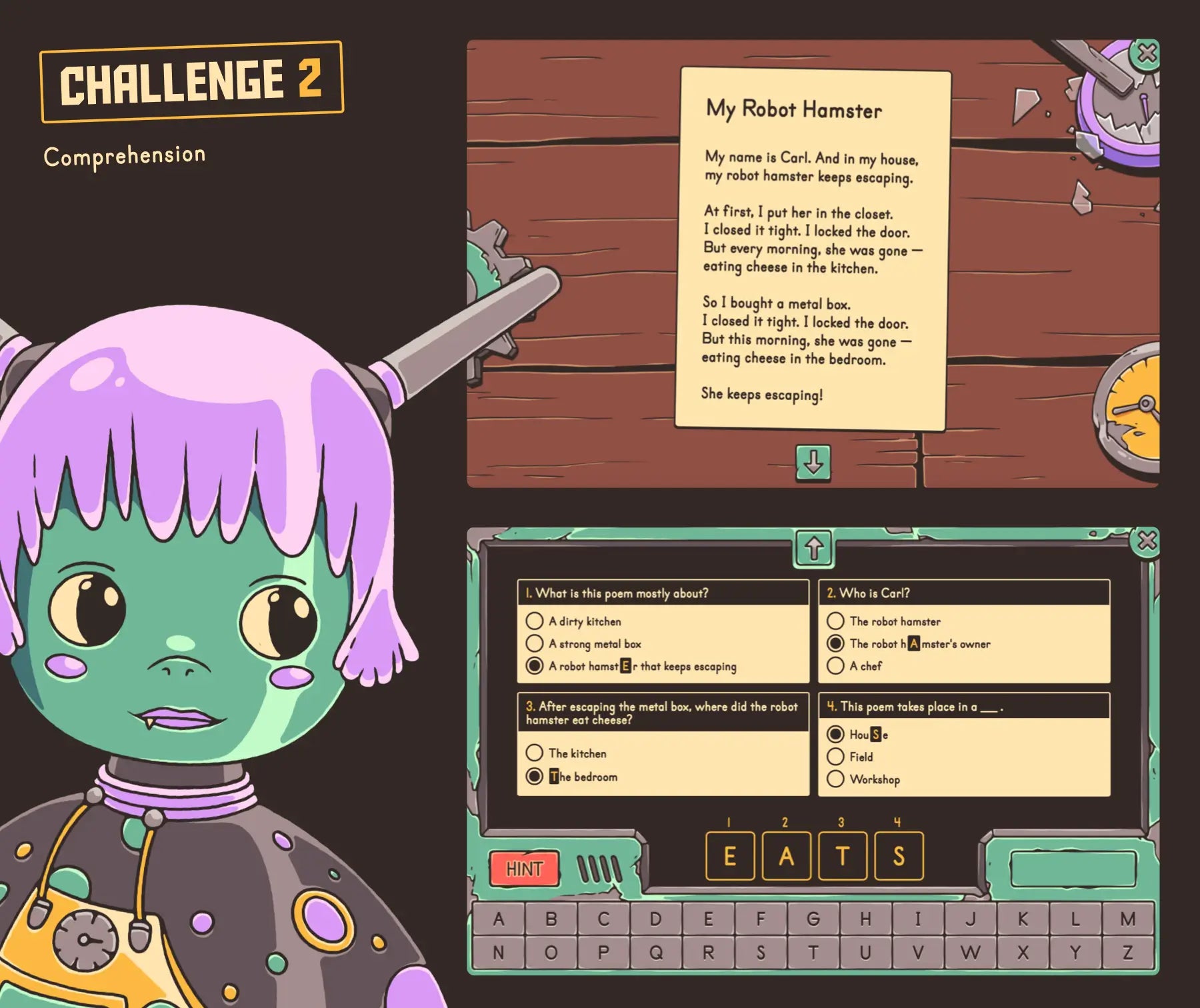 Virtual poetry comprehension game for 2nd and 3rd grade, with a multiple-choice quiz.