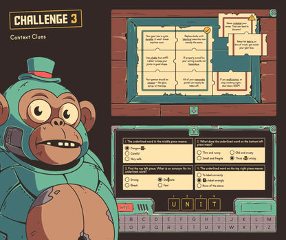 Digital 4th grade context clues escape room activity with a puzzle and multiple-choice section.