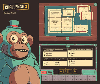 Virtual 5th grade context clues game with a drag-and-drop puzzle and multiple-choice reading quiz.