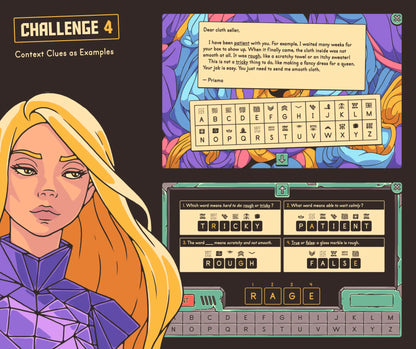 Online 2nd & 3rd grade context clues as examples reading review activity, with a cryptogram puzzle.