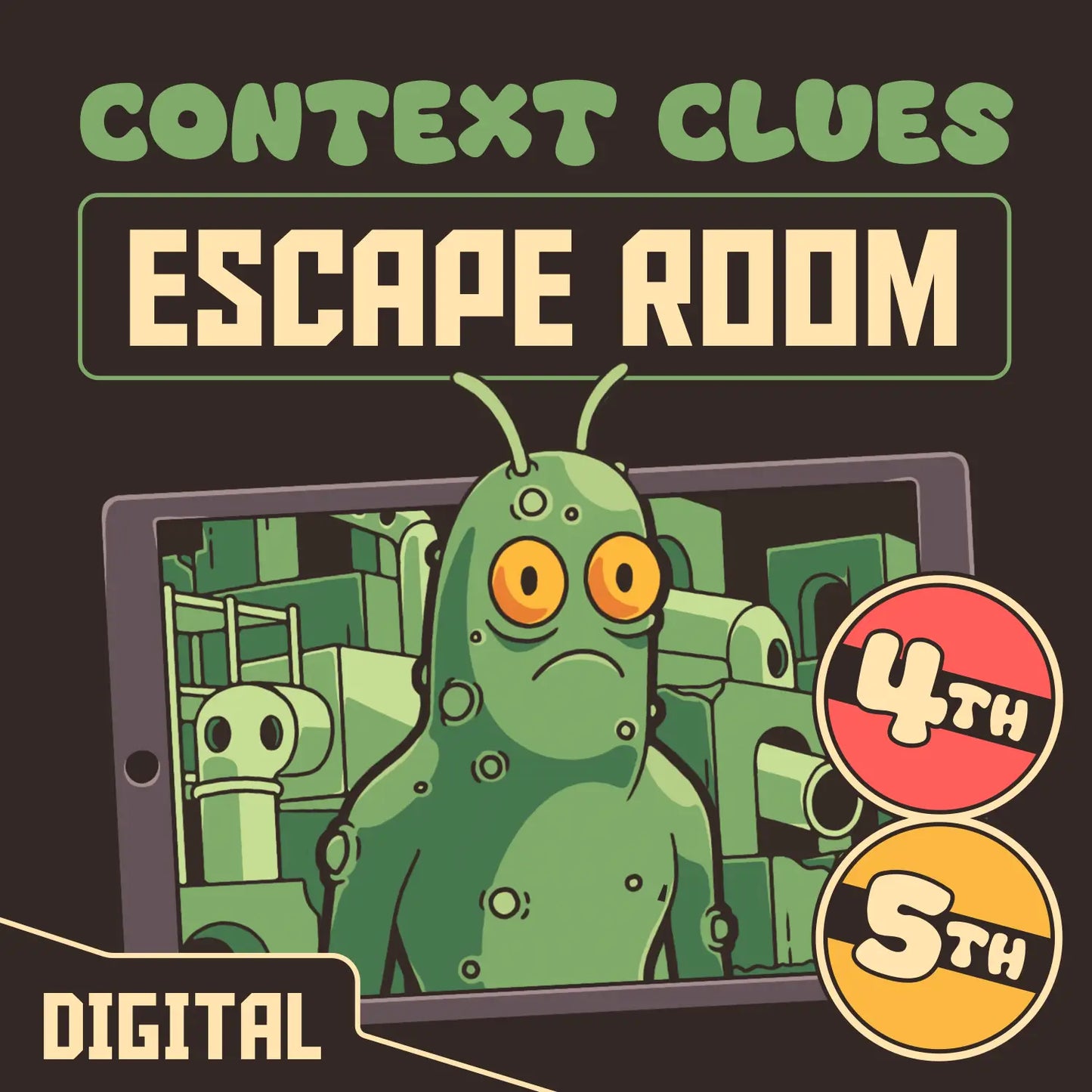 Virtual context clues escape room for 4th and 5th grade, titled "Puzzle Punks: Escape From Pickle's Playground."