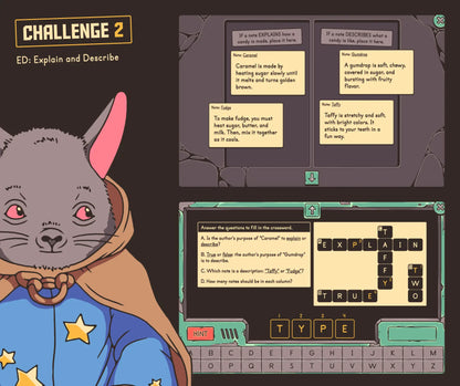 Virtual author's purpose game for 4th and 5th grade covering ED: explain and describe.