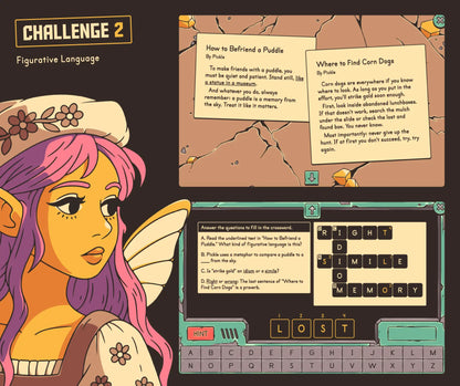 Virtual figurative language challenge with reading comprehension passages and a crossword puzzle.