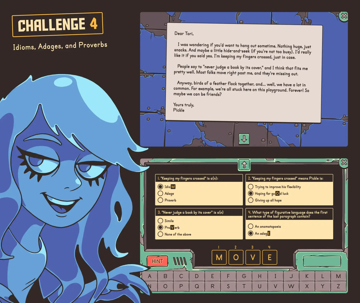 Virtual idioms, adages, and proverbs game for 4th and 5th grade reading comprehension review.