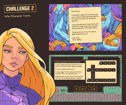 Virtual reading game for 4th and 5th grade covering inferring character traits.