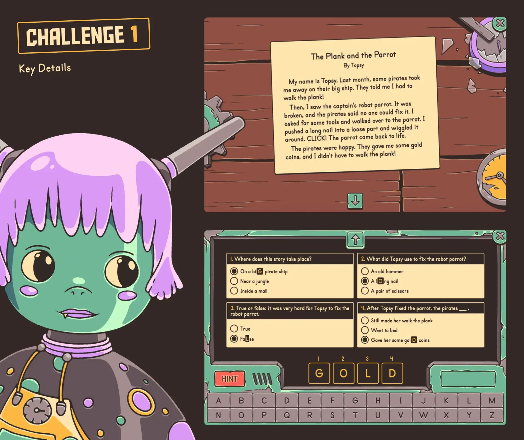 Key details review activity with a short story and a multiple-choice quiz.