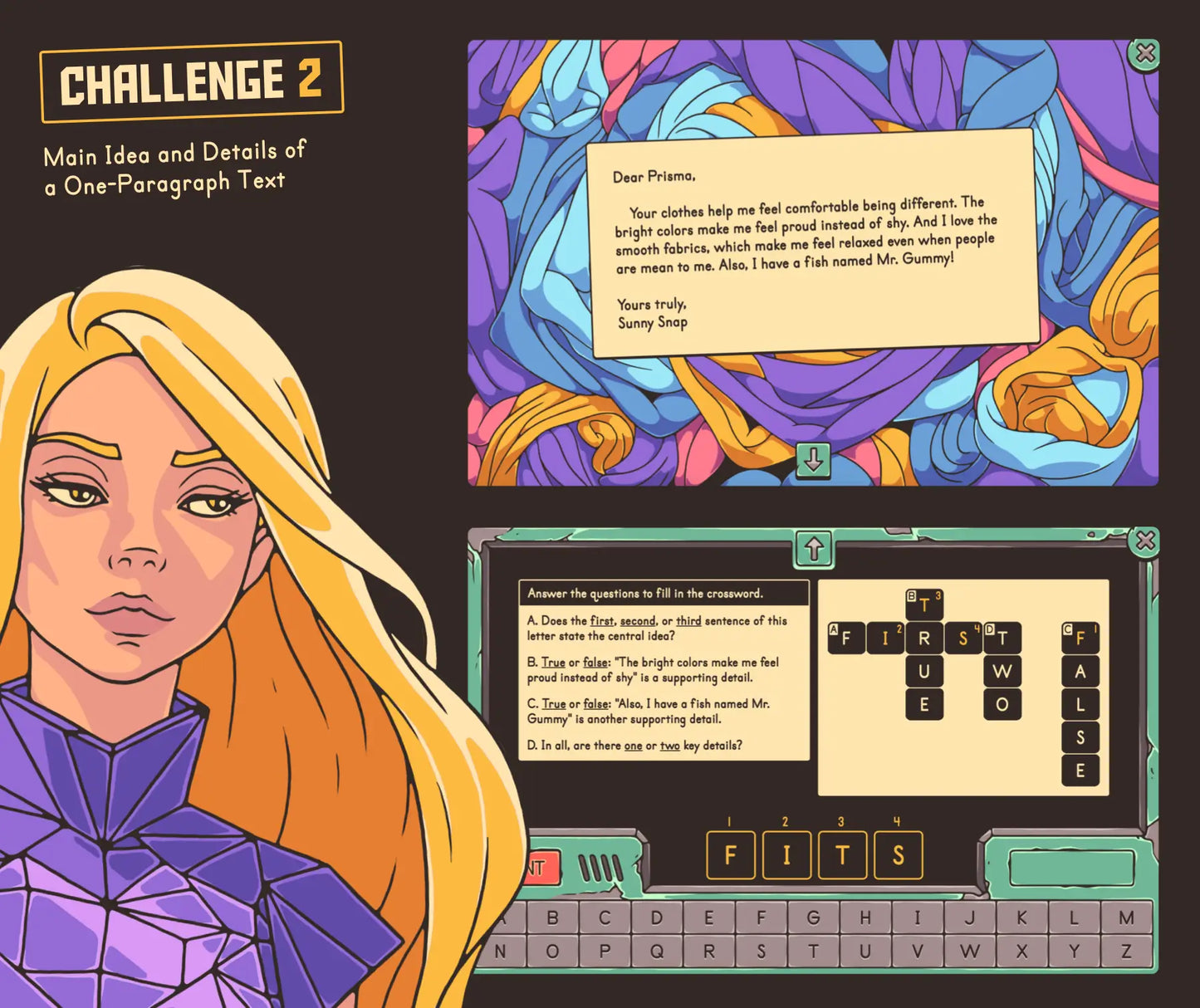 Virtual 2nd & 3rd grade main idea and details of a one-paragraph text game with a crossword puzzle.