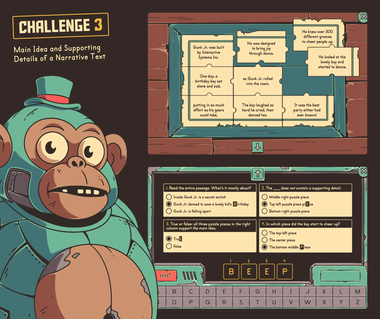 Online 4th and 5th graded main idea and supporting details of a narrative text game with a puzzle and multiple-choice question area.