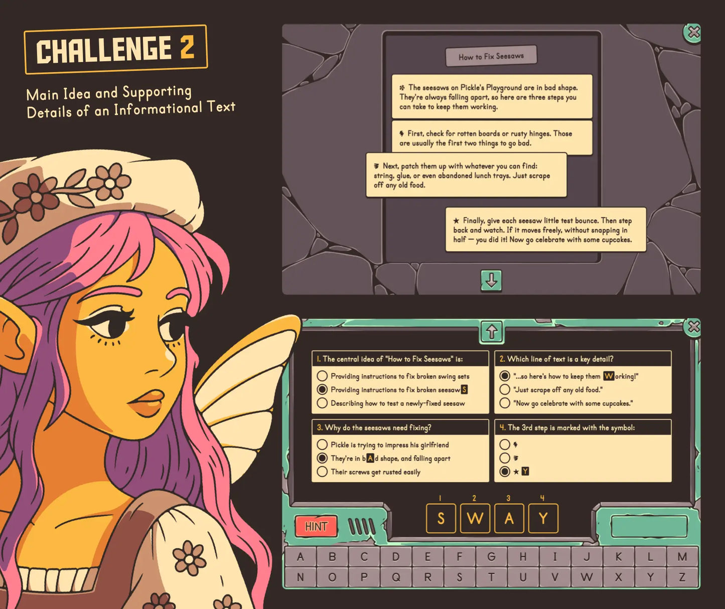 Digital central idea and key details of an informational text challenge with a sorting activity and multiple-choice quiz.
