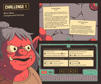 Virtual comparing and contrasting main ideas game with a reading passage and multiple-choice questions, designed at a fifth grade difficulty level.